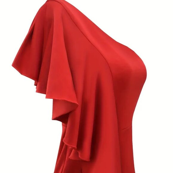 Elegant Split Hem Ruffle Trim One Shoulder Dress - Picture 6 of 6